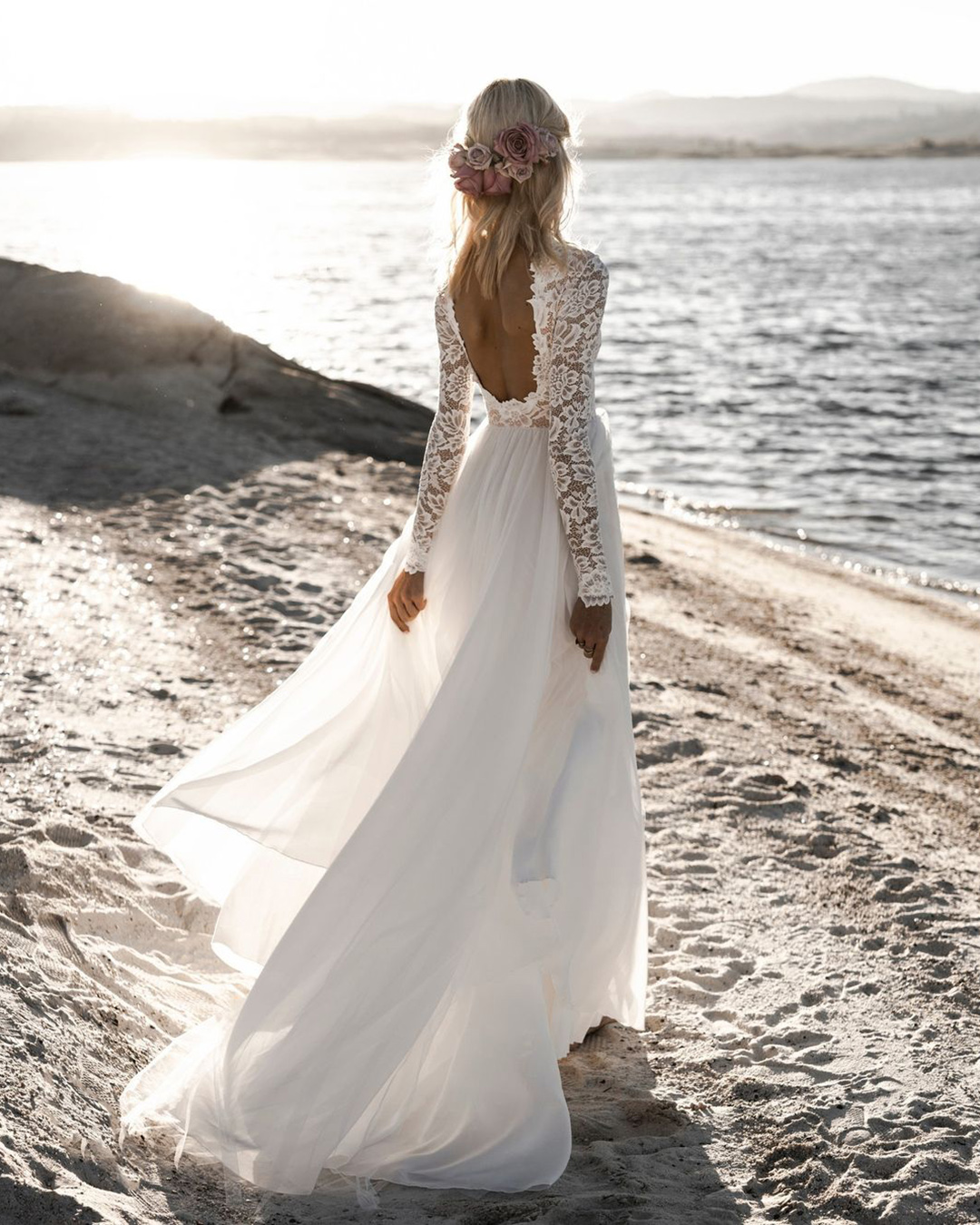destination wedding dresses a line lace top open back with long sleeves beach wearyourlovexo