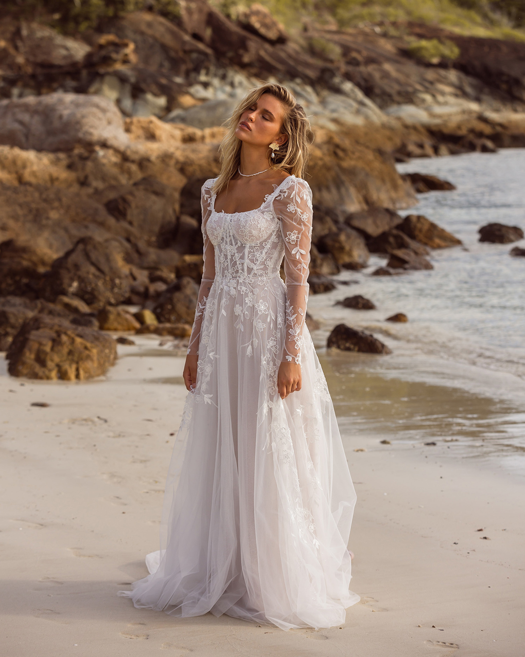 destination wedding dresses a line with illusion long sleeves lace beach madi lane