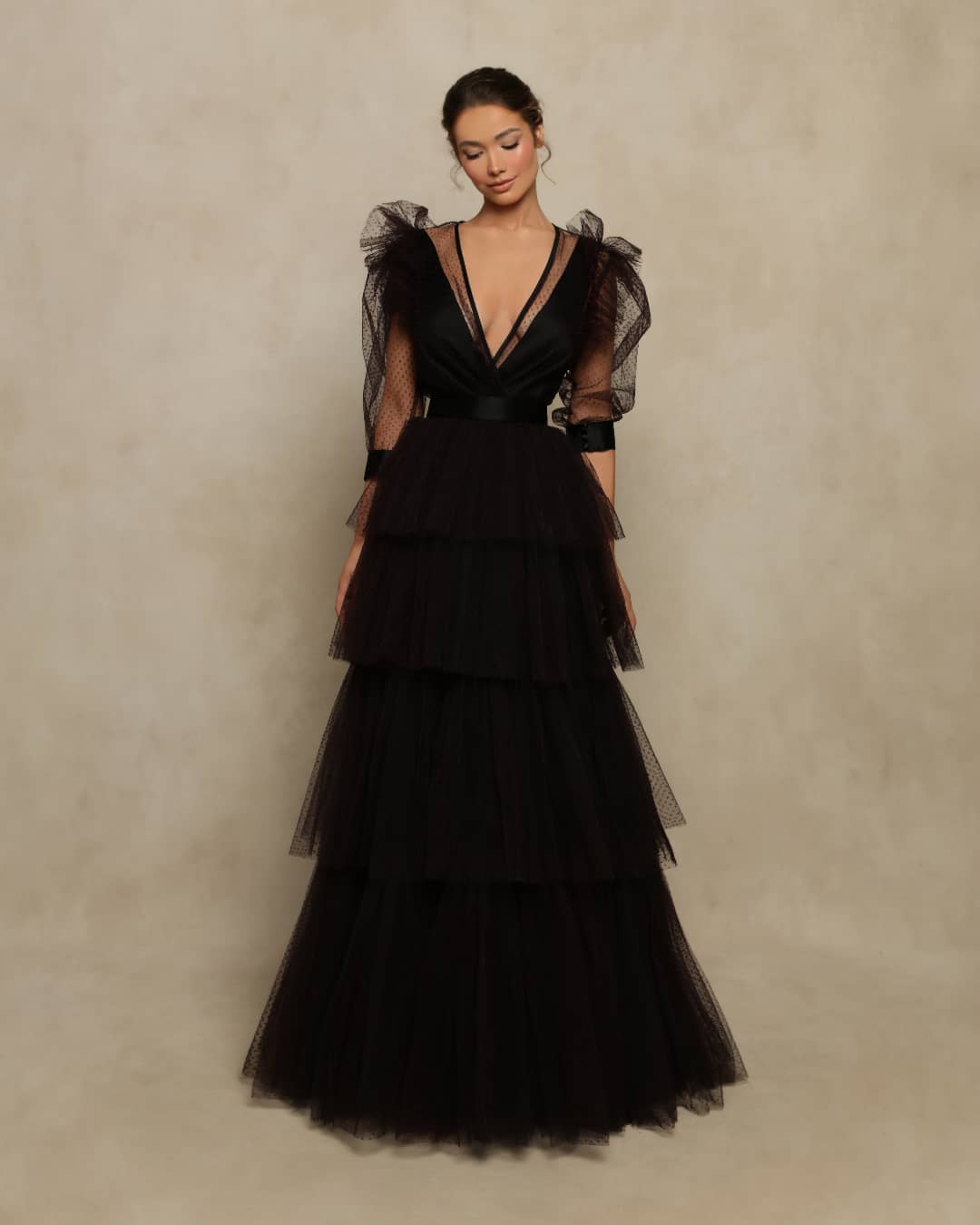 elegant black wedding dresses ruffled skirt sleeves illusion back tarikedizofficial