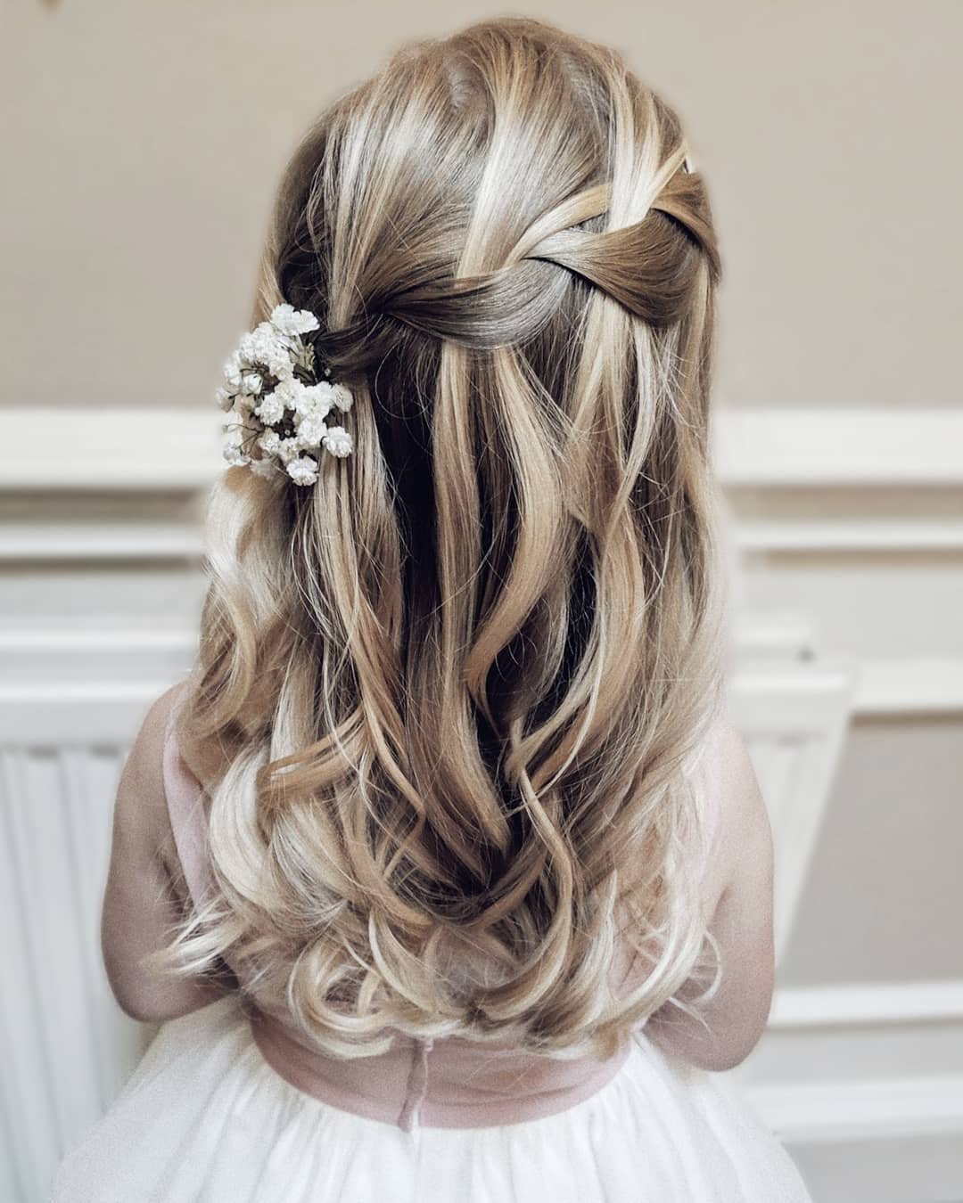 flower girl hairstyles half up with waterfall braid hannahblinkohairstylist