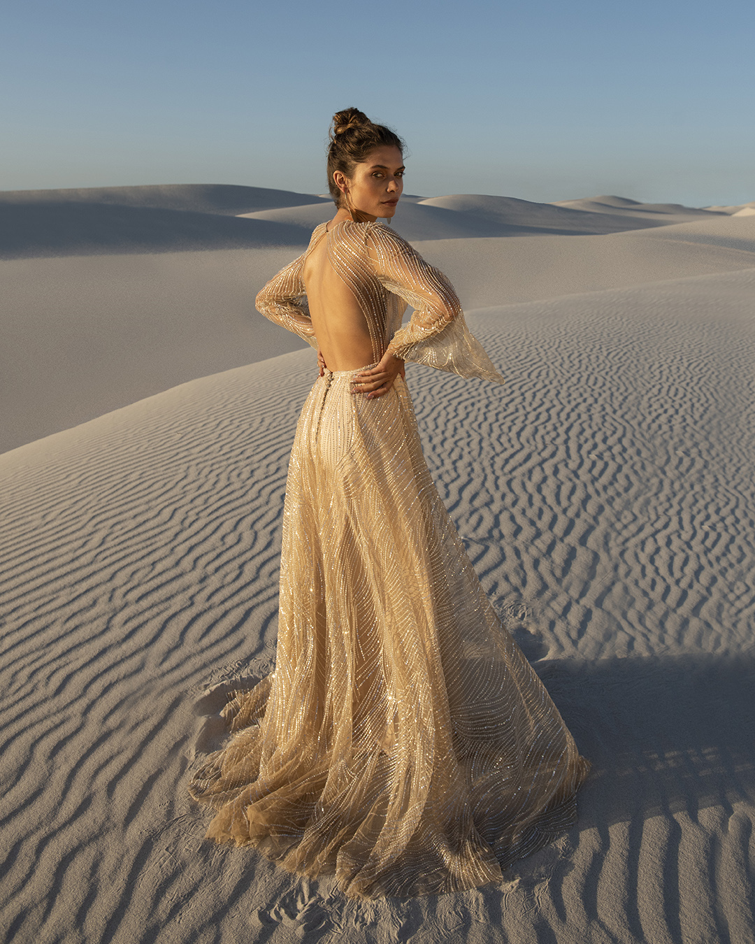 gold wedding gowns a line with long sleeves open back beach catherine deane