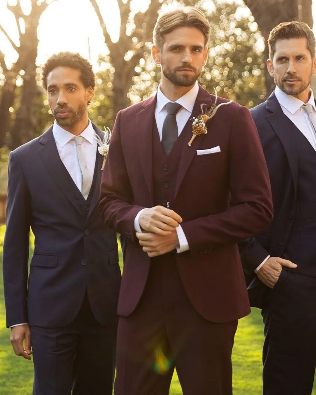 groom suits burgundy jacket with tie boutonniere hockerty men