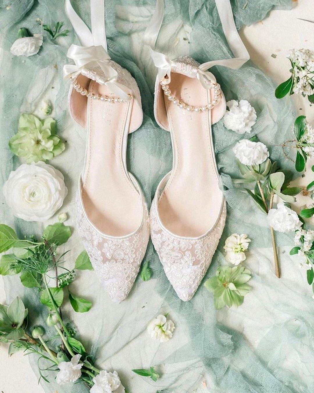 lace wedding flats with pearl ankle strap kaileep