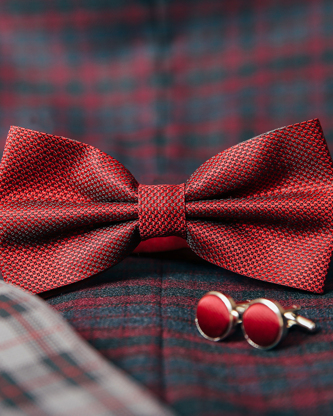 mens wedding attire cufflinks red bow tie rustic shutterstock