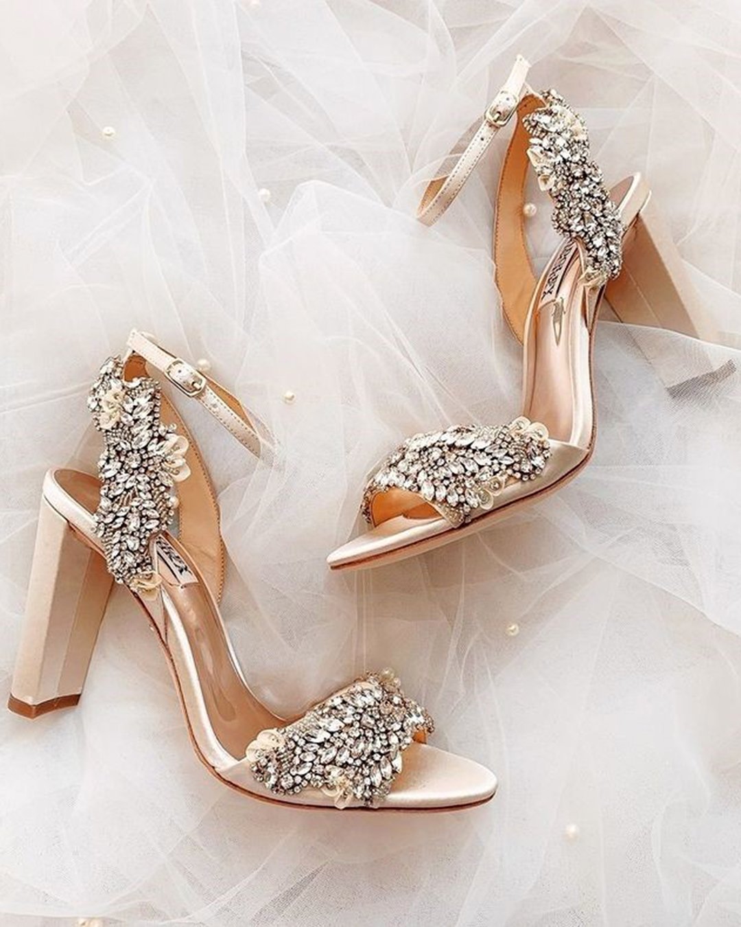 nude bridal block heels crystal embellishments badgleymischka