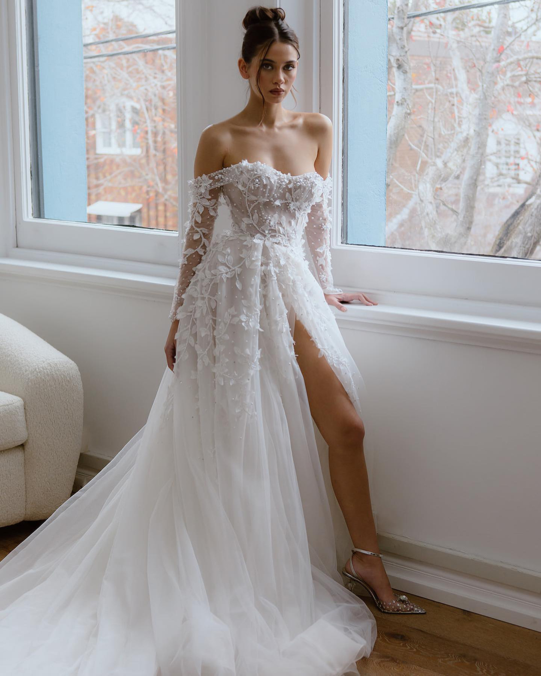 sweetheart neckline wedding dress a line with sleeves off the shoulder pallas couture