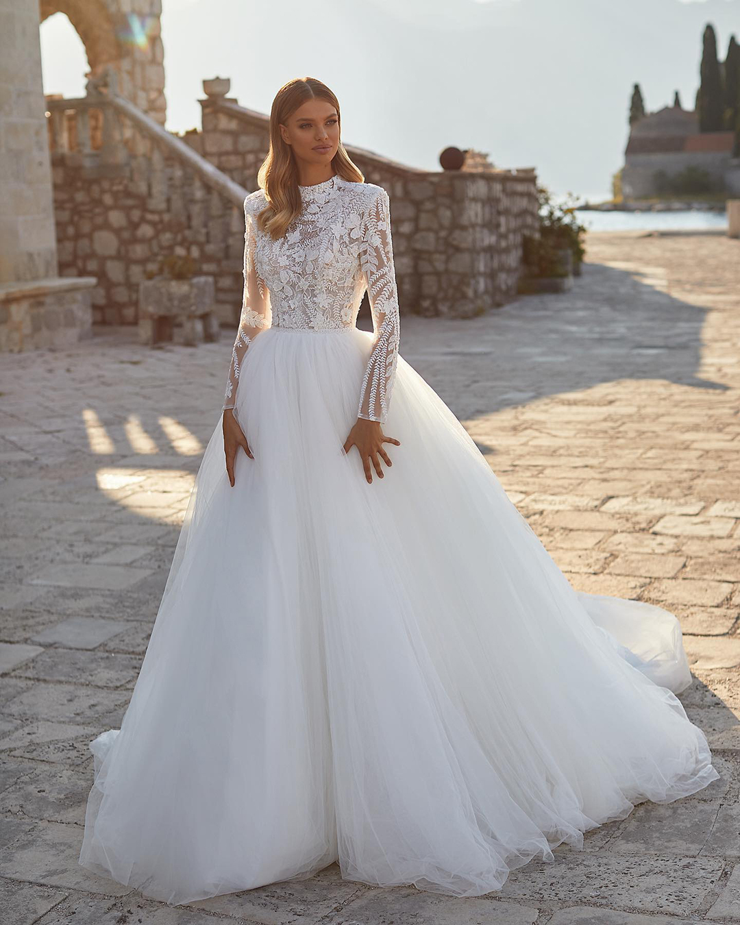 ball gown wedding dresses lace top with long sleeves tulle skirt milla nova