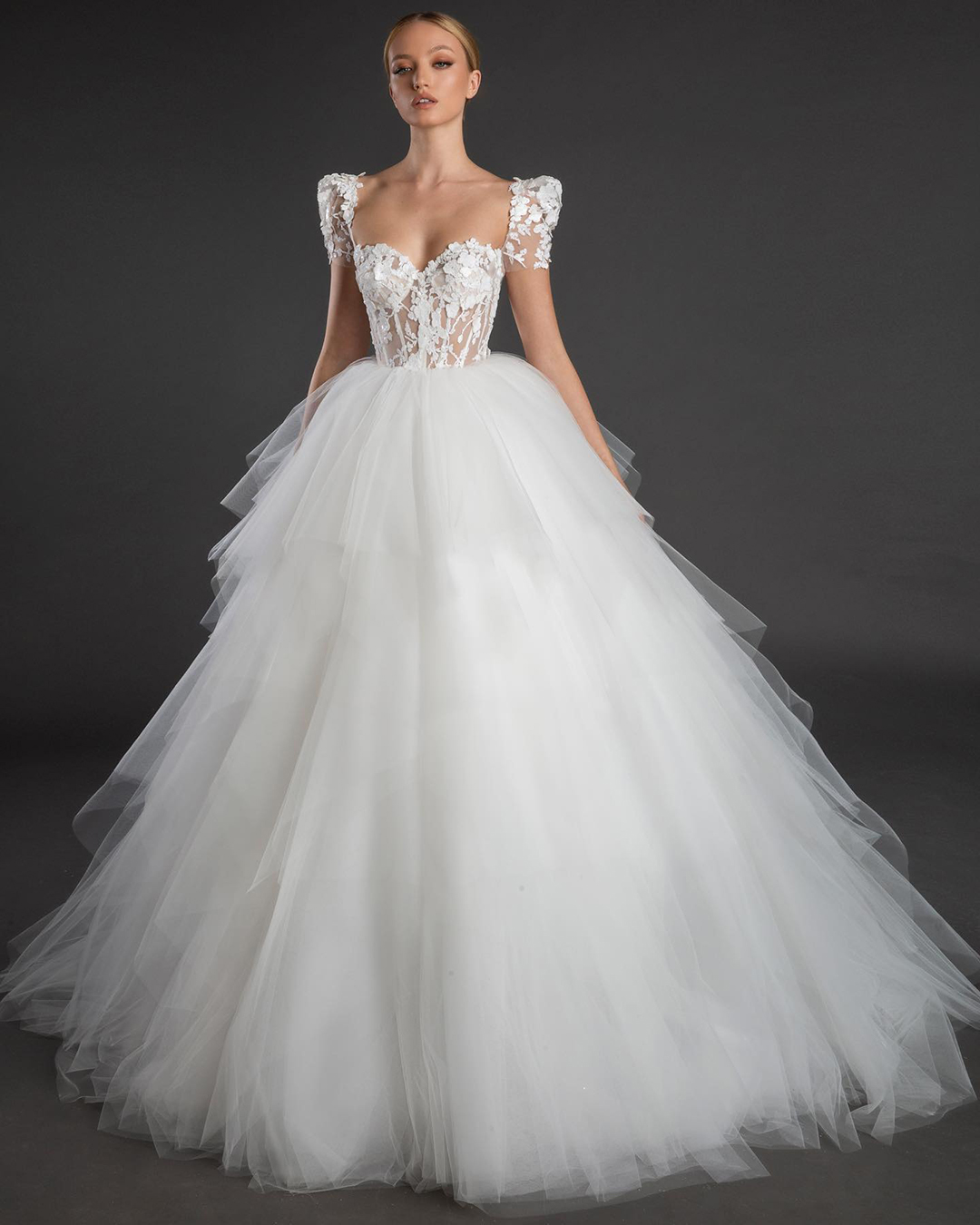ball gown wedding dresses sweetheart neckline with cap sleeves floral appliques pnina tornai