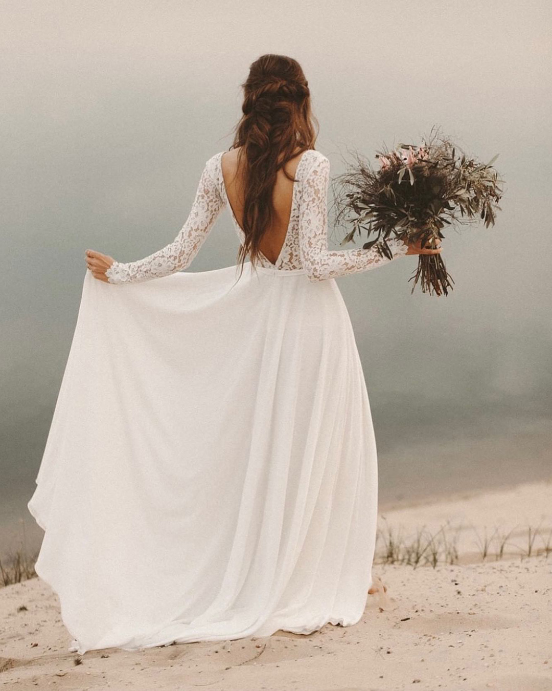 beach wedding dresses with long sleeves lace open back lightandlace