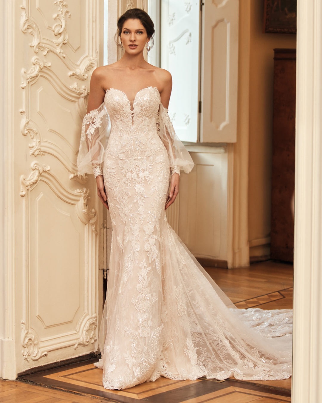 best wedding dresses sheath with sleeves off the shoulder moonlight