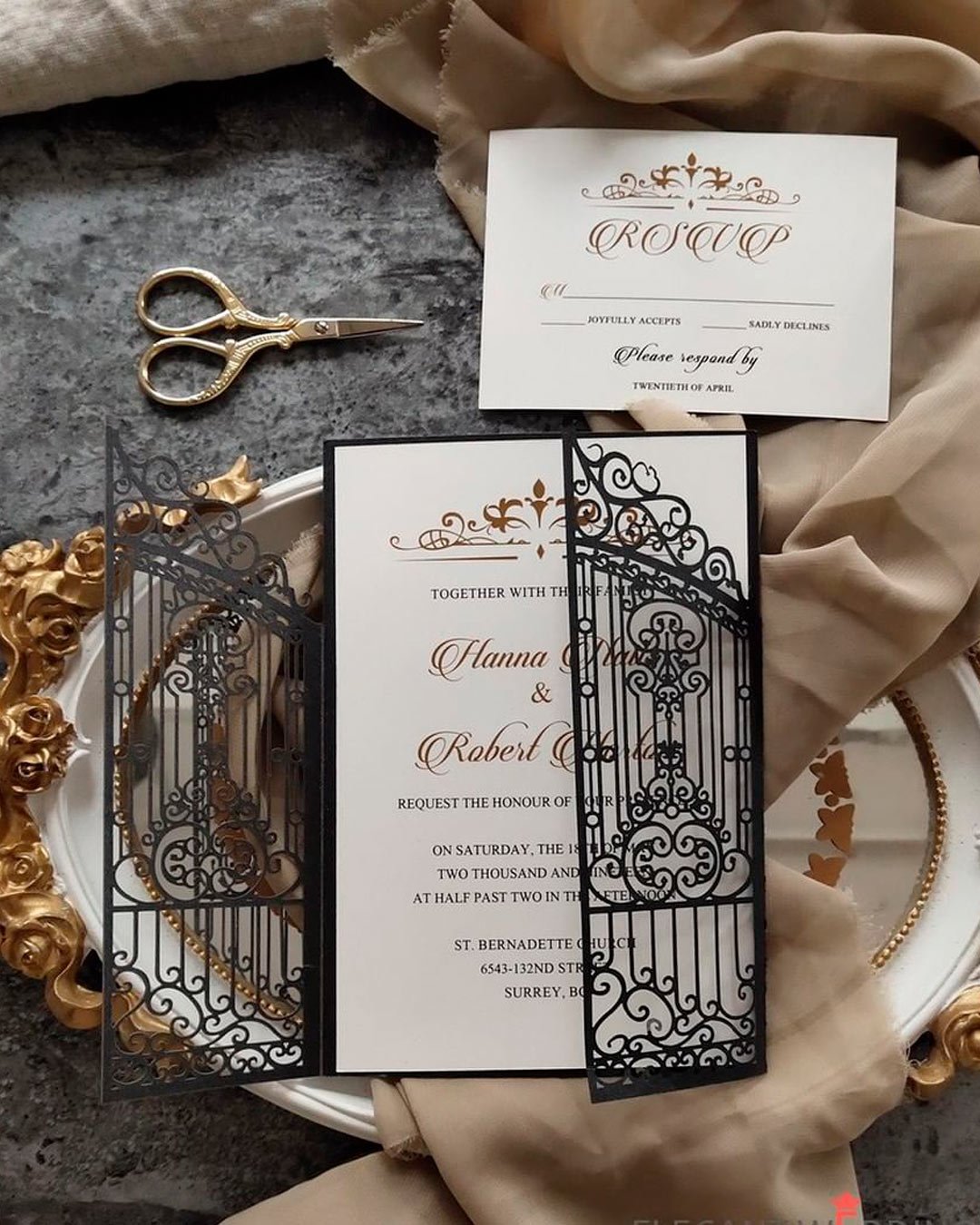 black and gold wedding theme invitations