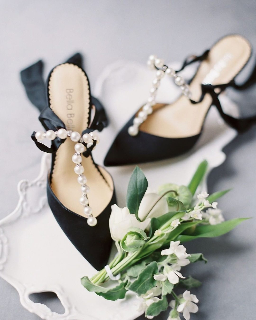 black shoes for wedding with pearls ribbong and heels bellabelleshoes