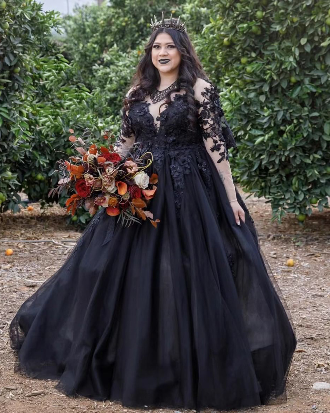 black-wedding-dresses-plus size lace ball gown with sleeves cocomelody
