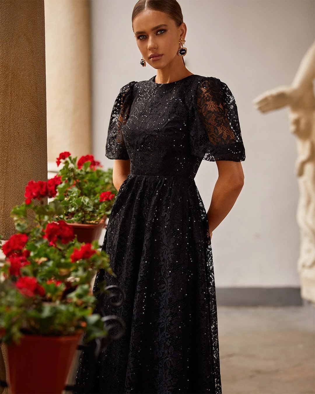 black wedding guest dress tea length lace with cap sleeves alamour the