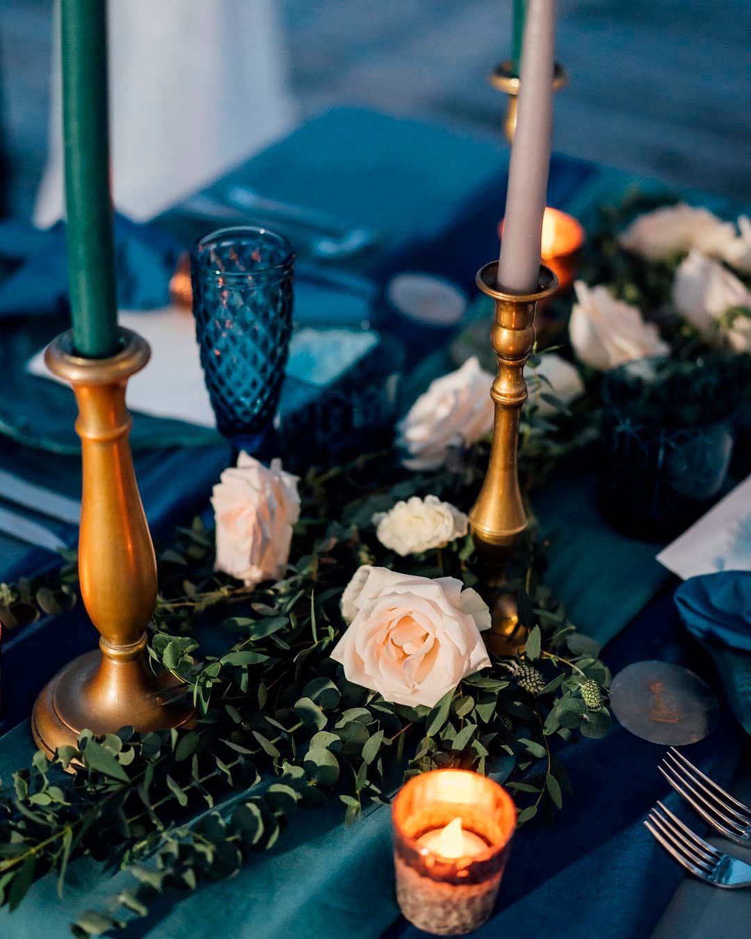 blue and gold wedding theme table running