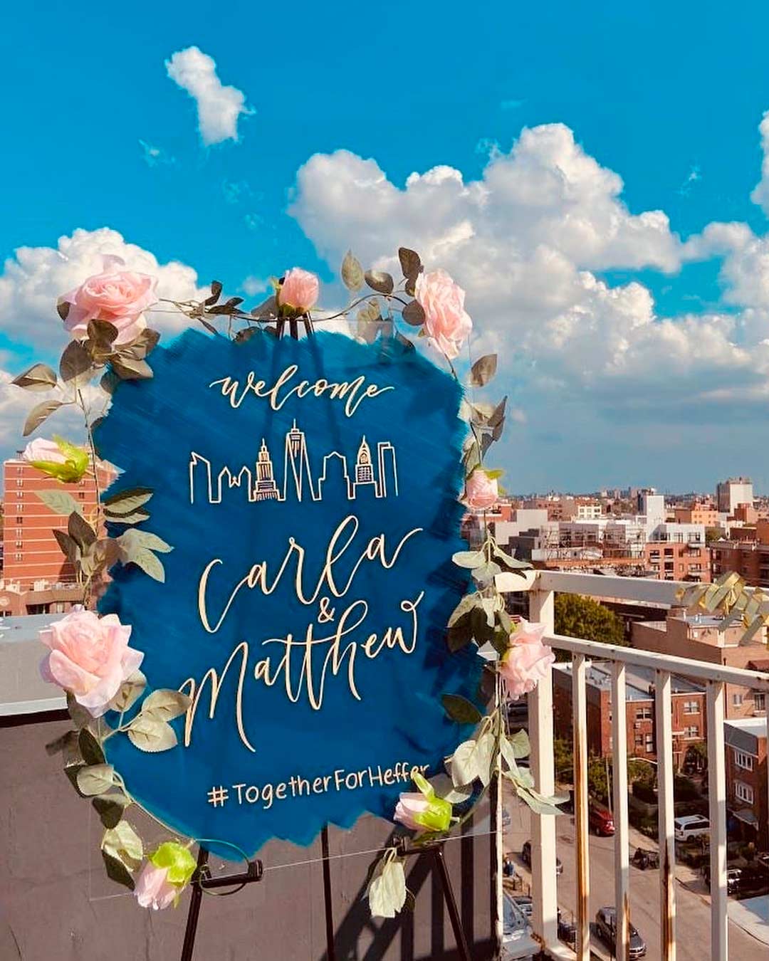 blue and gold wedding theme table sign hashtag