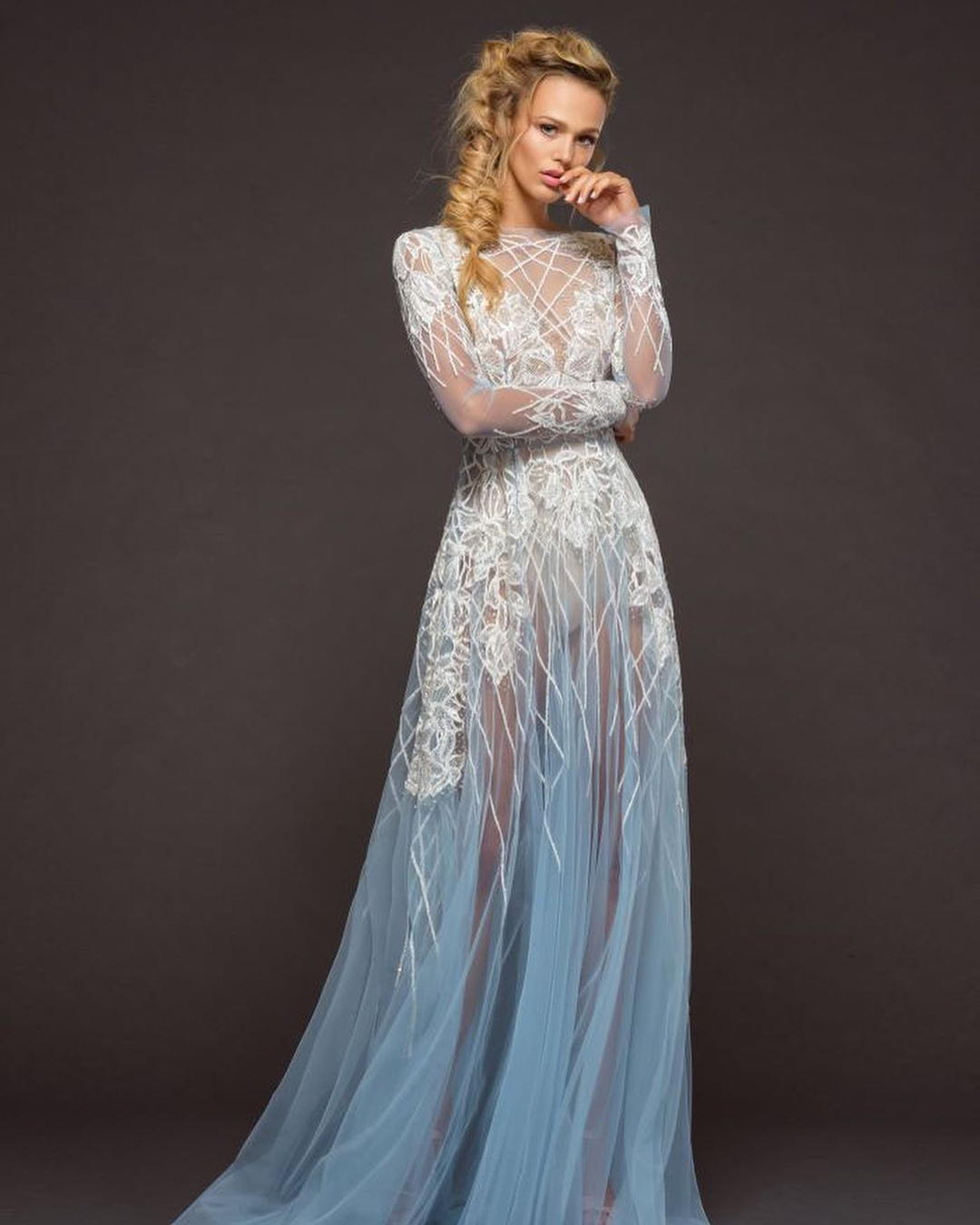 blue wedding dresses a line with long sleeves with white lace misshayleypaige