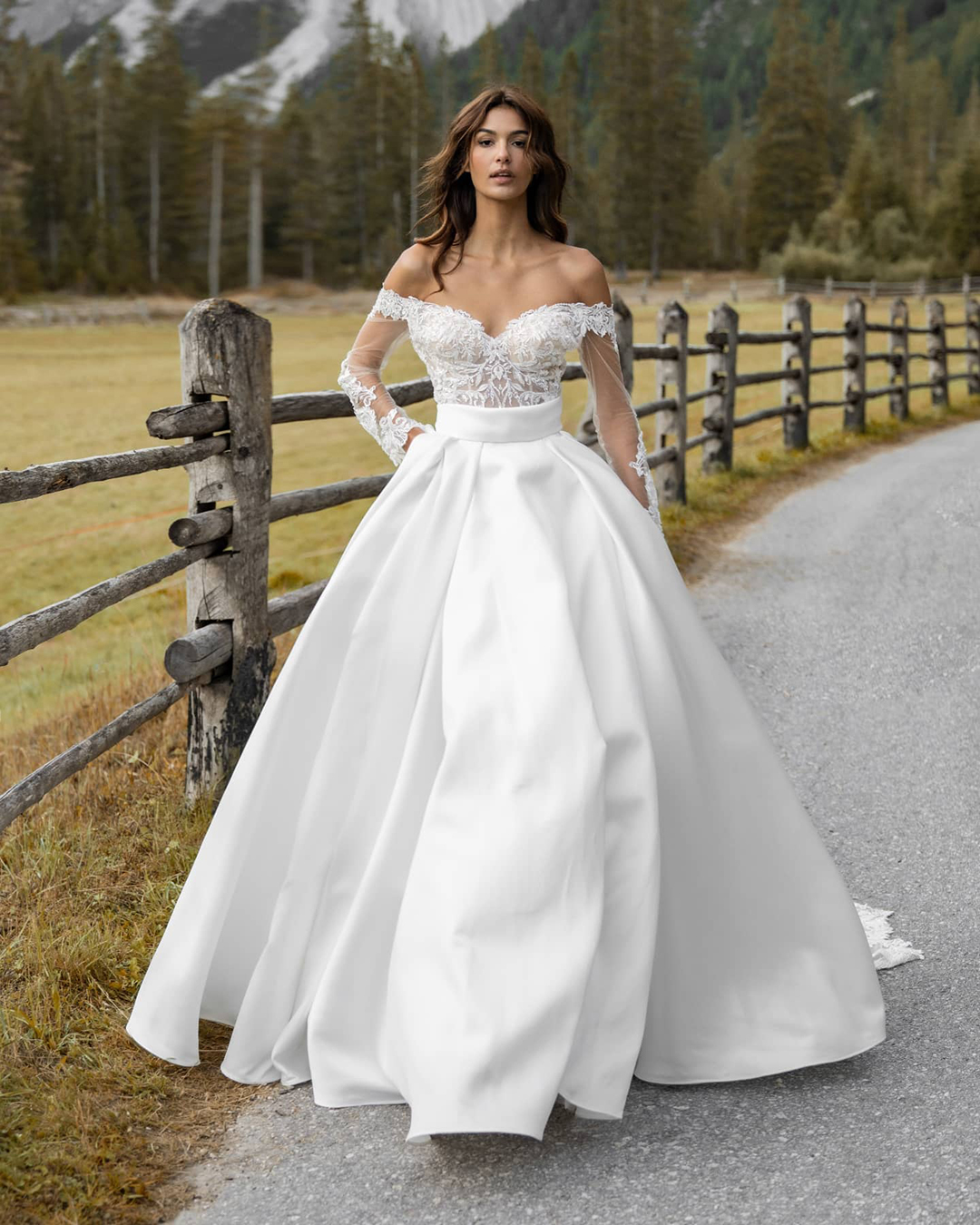 fall wedding dresses ball gown off the shoulder with sleeves alessandroangelozzicouture