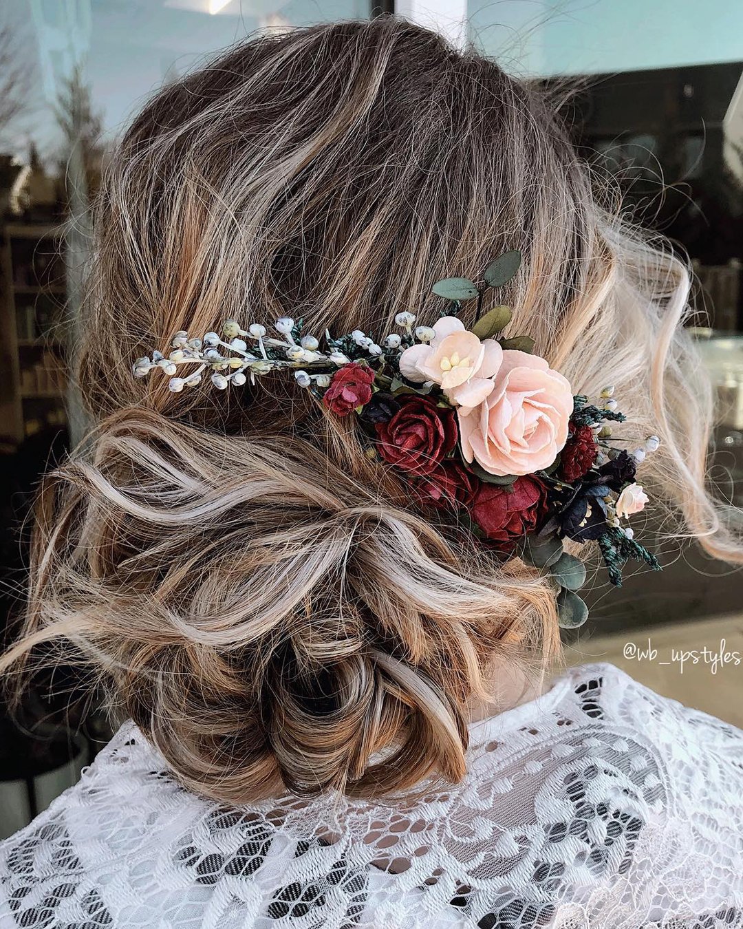 fall wedding hairstyles messy bun with flowers wb_upstyles