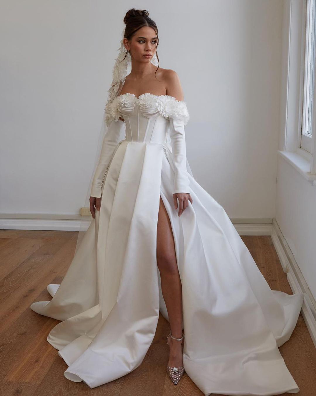 fashion forward wedding dresses off the shoulder with long sleeves simple pallascouture