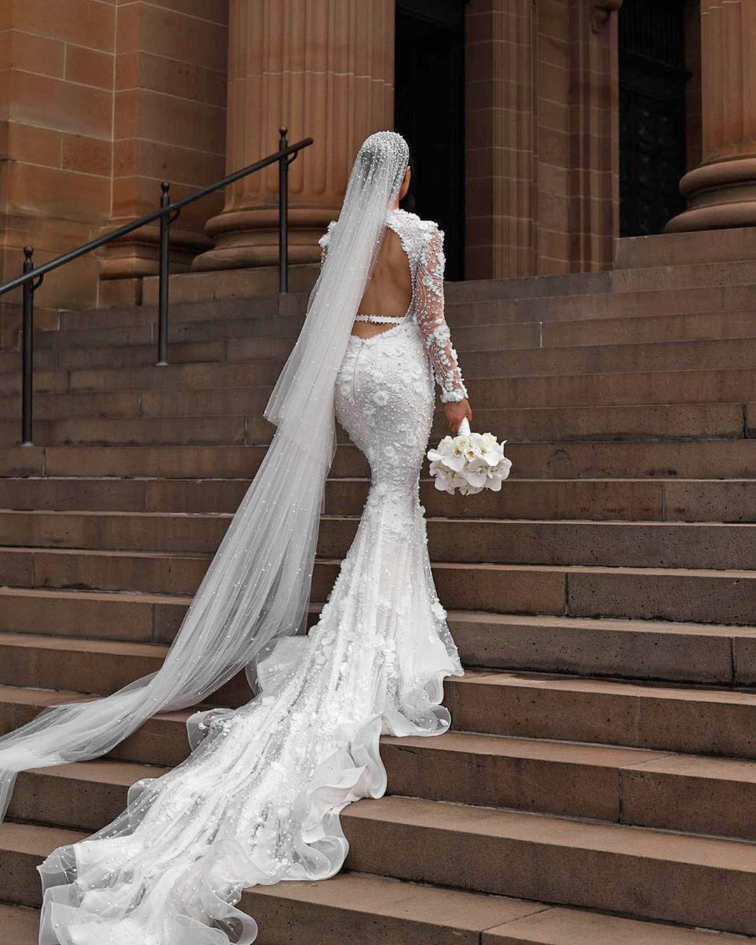 mermaid wedding dresses open back with long sleeves train steven khalia