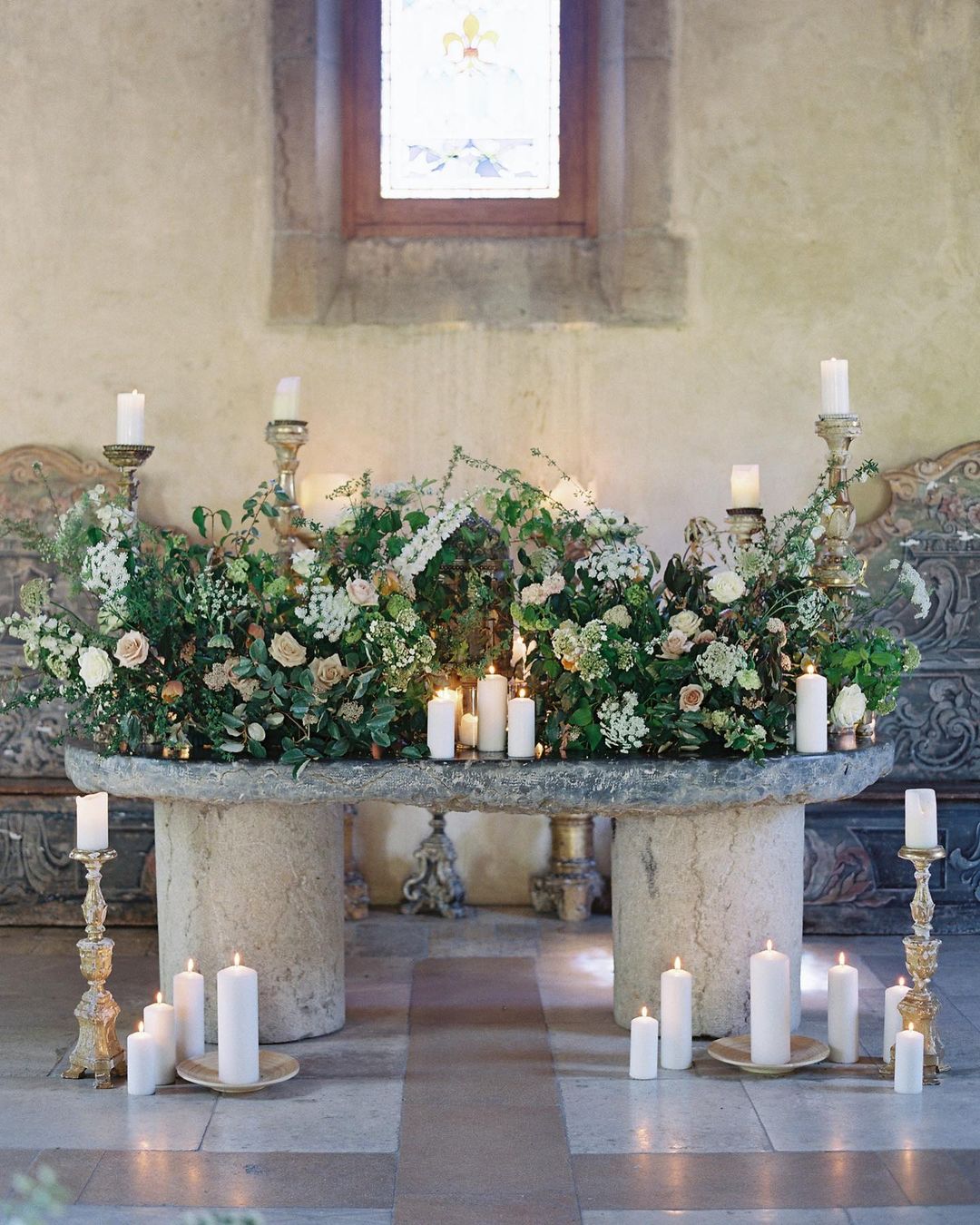 modern wedding decor greenery and flowers for church