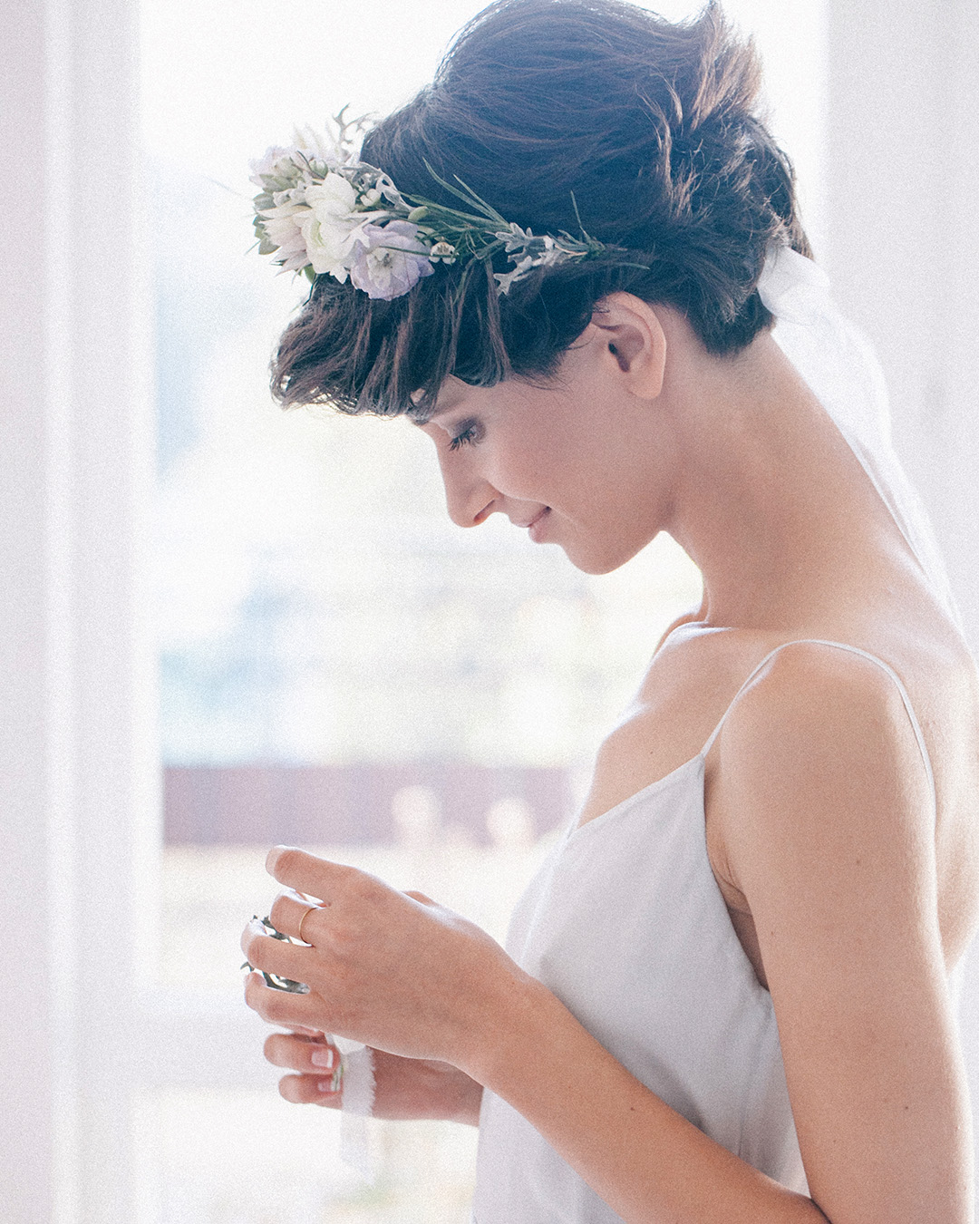 pixie wedding hairstyles simple messy with veil and headband shutterstock