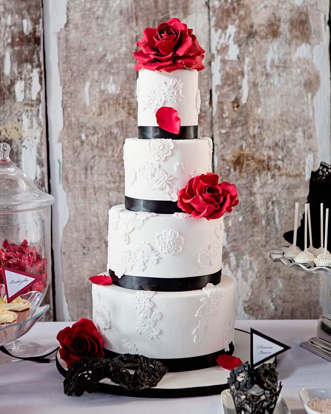 red and black wedding theme white cake