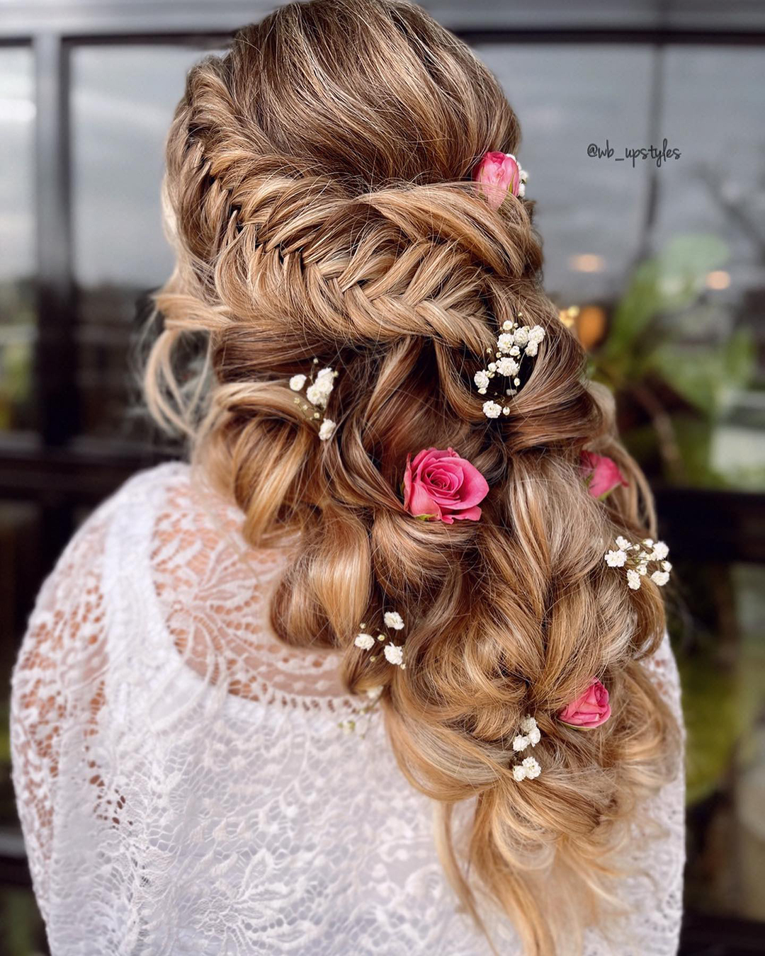summer wedding hairstyles hulf up with flowers wb_upstyles