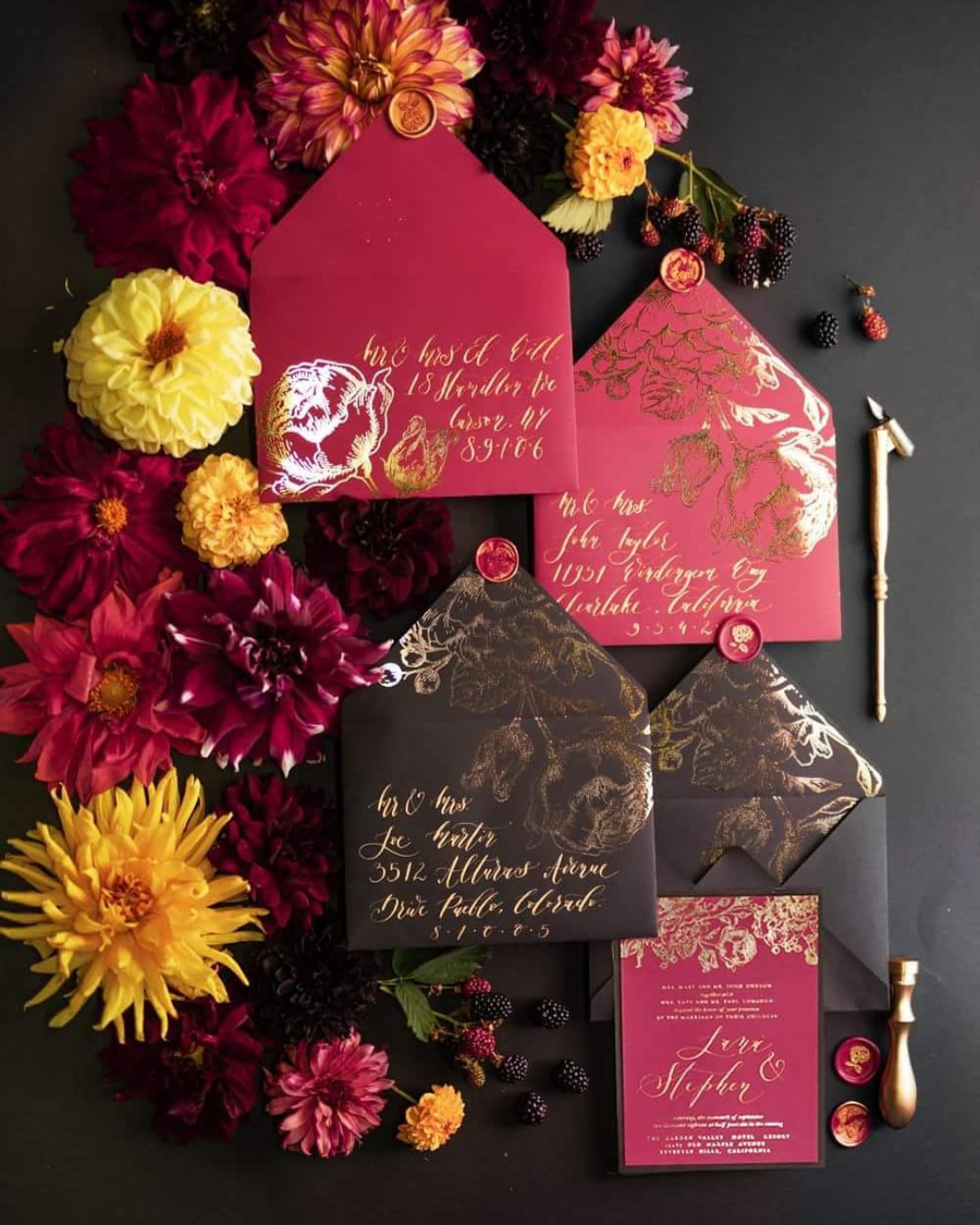 black red wedding invitations gold flowers