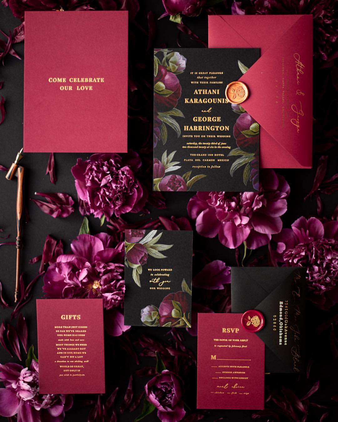 black red wedding invitations gold marsala