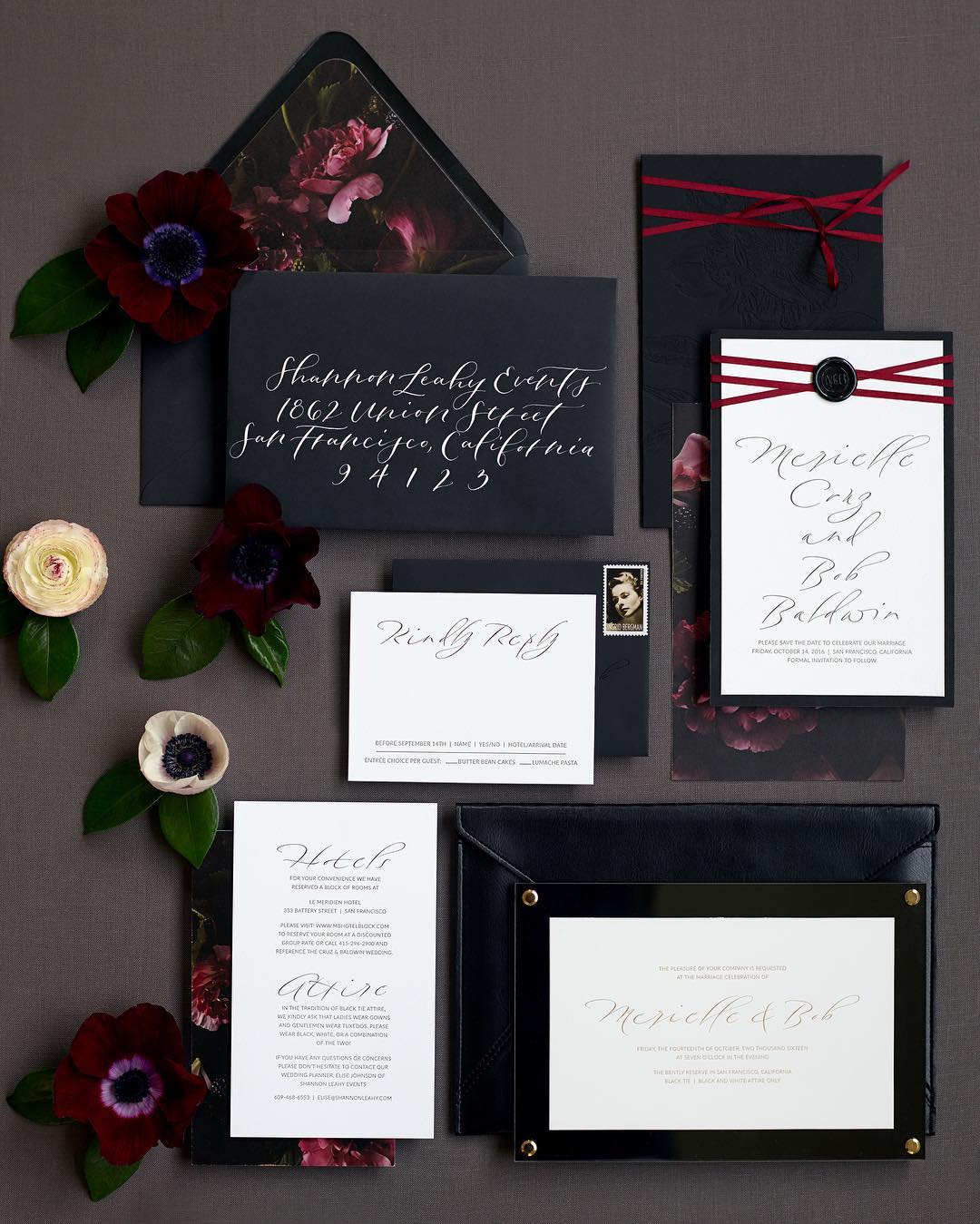 black red wedding invitations red ribbons
