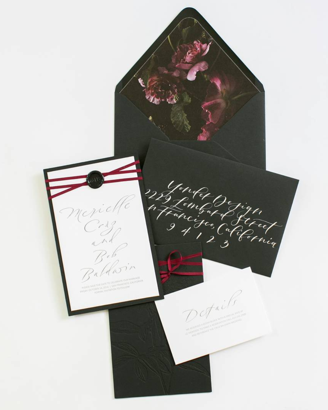 black red wedding invitations ribbons flowers