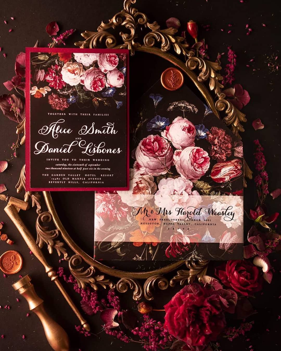 black red wedding invitations vintage flowers