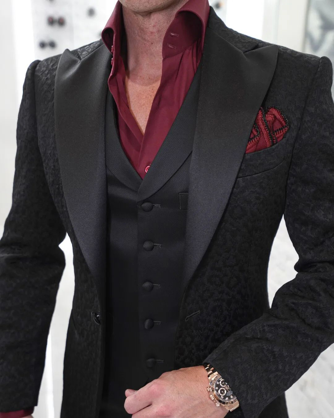 black wedding suit jacket with red t shirt sebastian couture