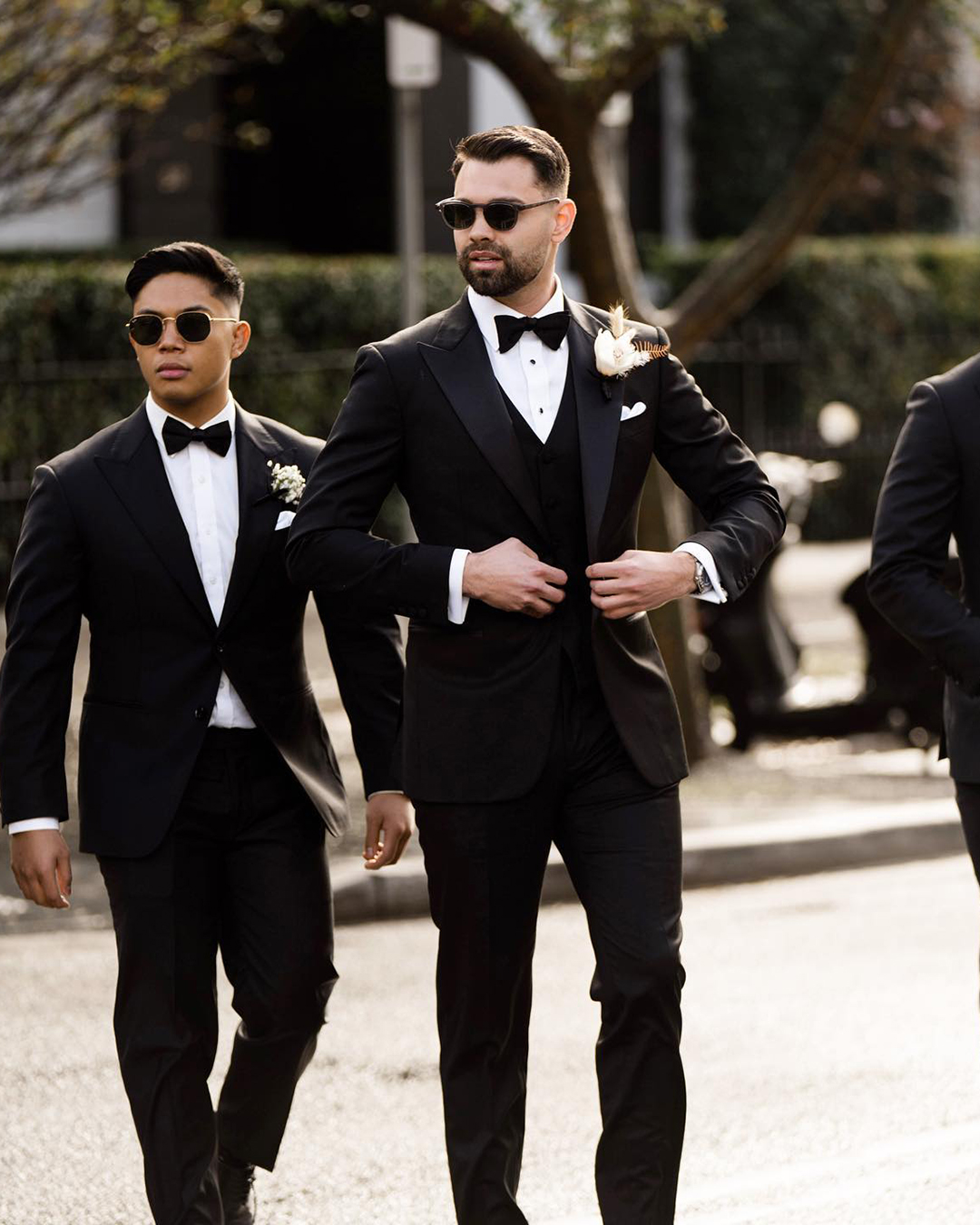 black wedding suit tuxedo with vest bow tie suavebespoke