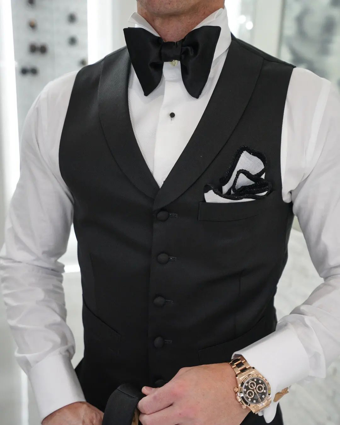black wedding suit vest with bow tie white tshirt sebastiencouture