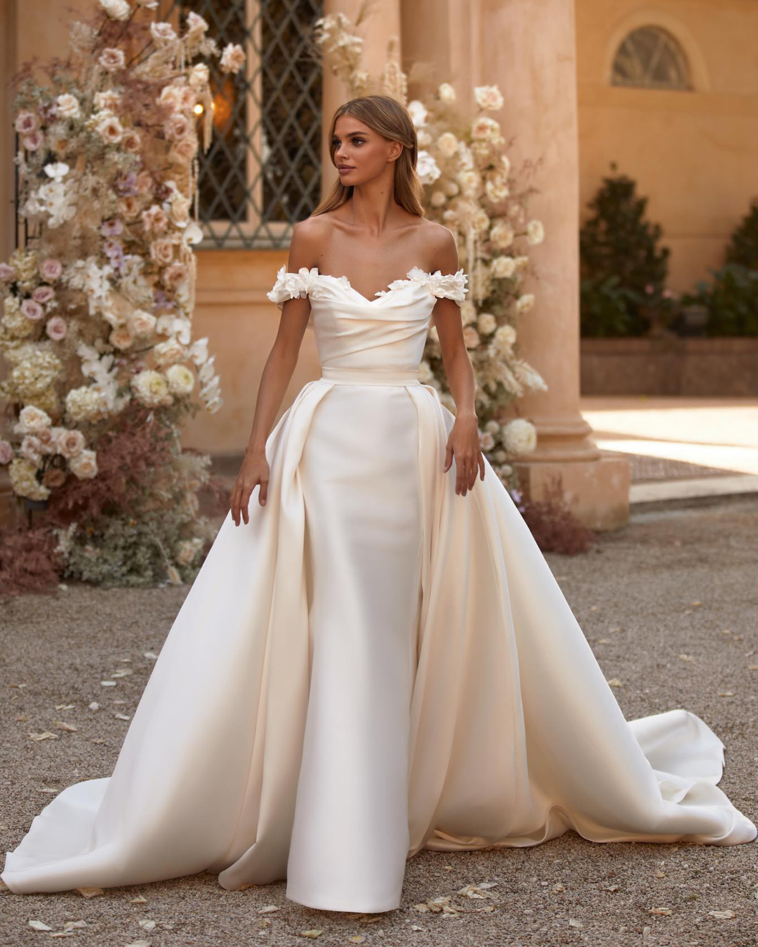 convertible wedding dress with overskirt off the shoulder milla nova