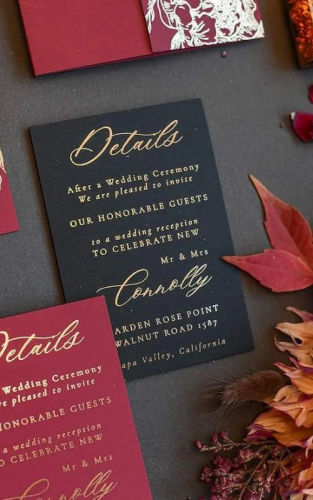 gold black red wedding invitations