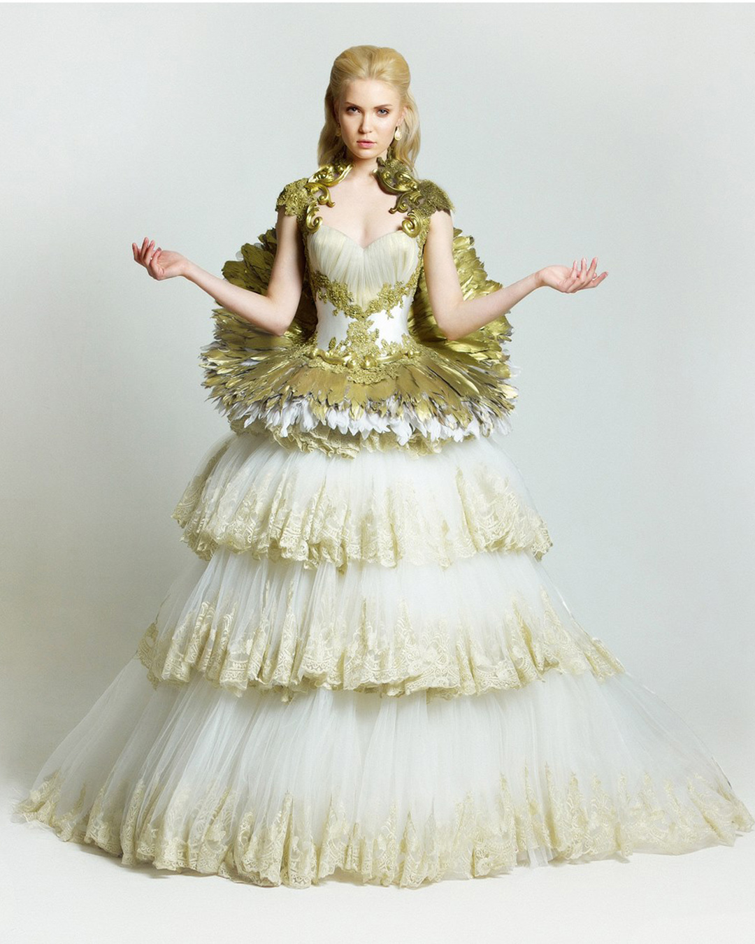 gold wedding gowns ball gown ruffled skirt malyarovaolga
