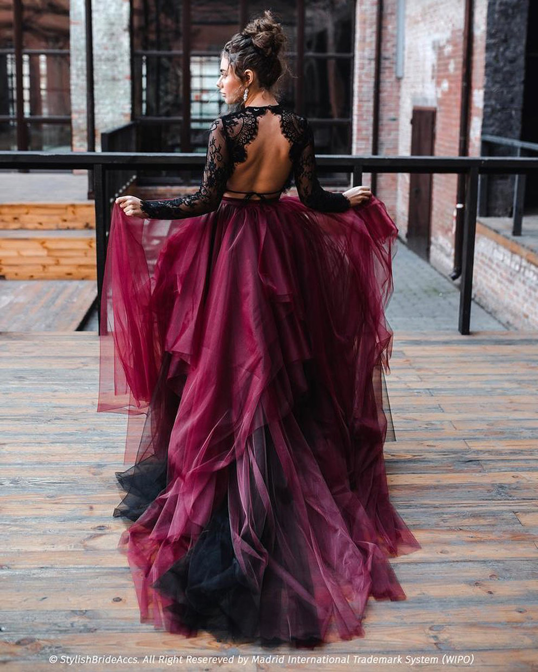gothic wedding dresses nball gown tulle skirt open back sleeves with red burgundy stylishbride