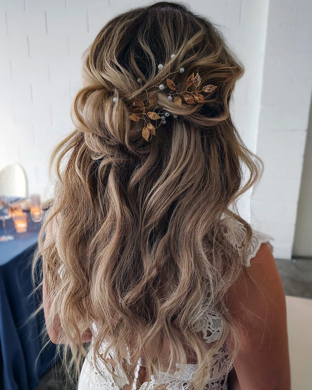 half up half down wedding hairstyles slightly messy with hedpiece sarahwhair
