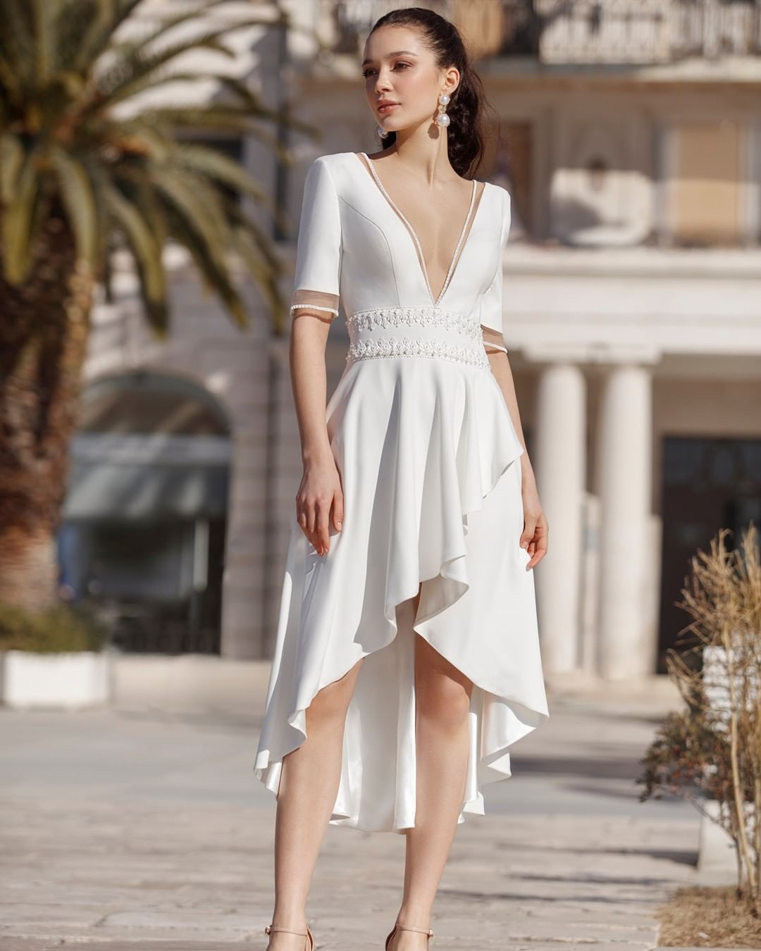 high low wedding dresses deep v neckline sexy white with sleeves artdesignwedding