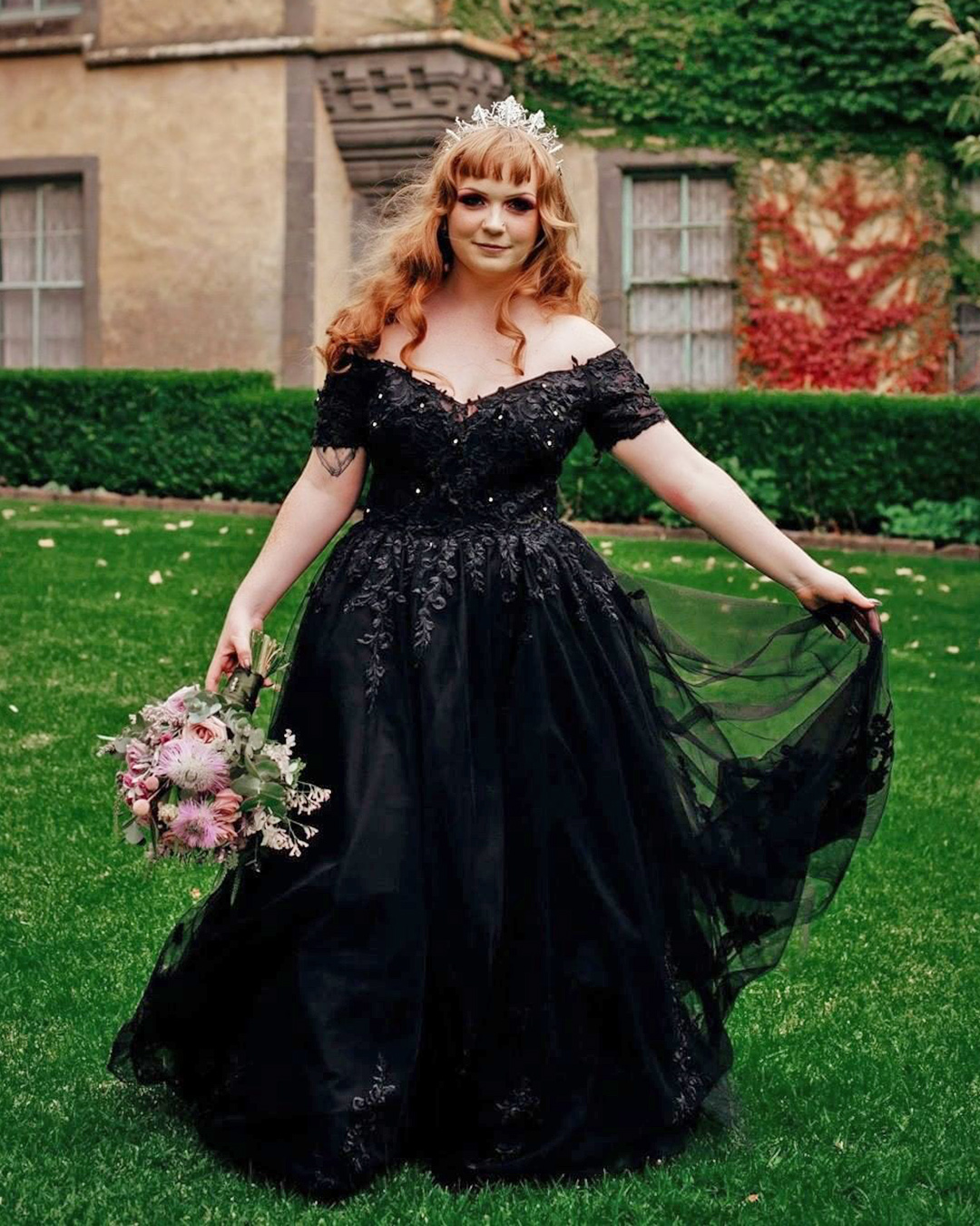 plus size black wedding dress lace off the shoulder sweetheart neckline cocomelody