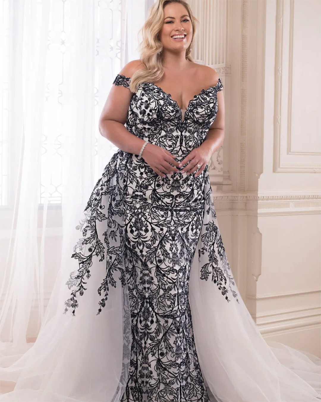 plus size black wedding dress white off the shoulder with overskirt lace sophia toli