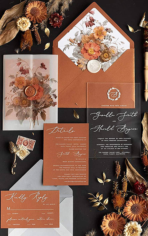 rust wedding invitations elegant flowers invites featured