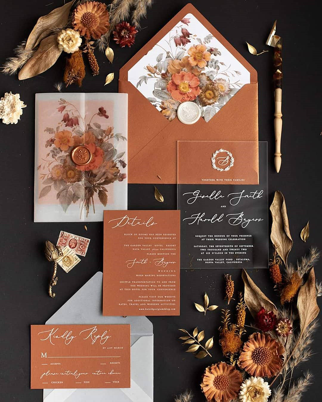 rust wedding invitations elegant flowers invites