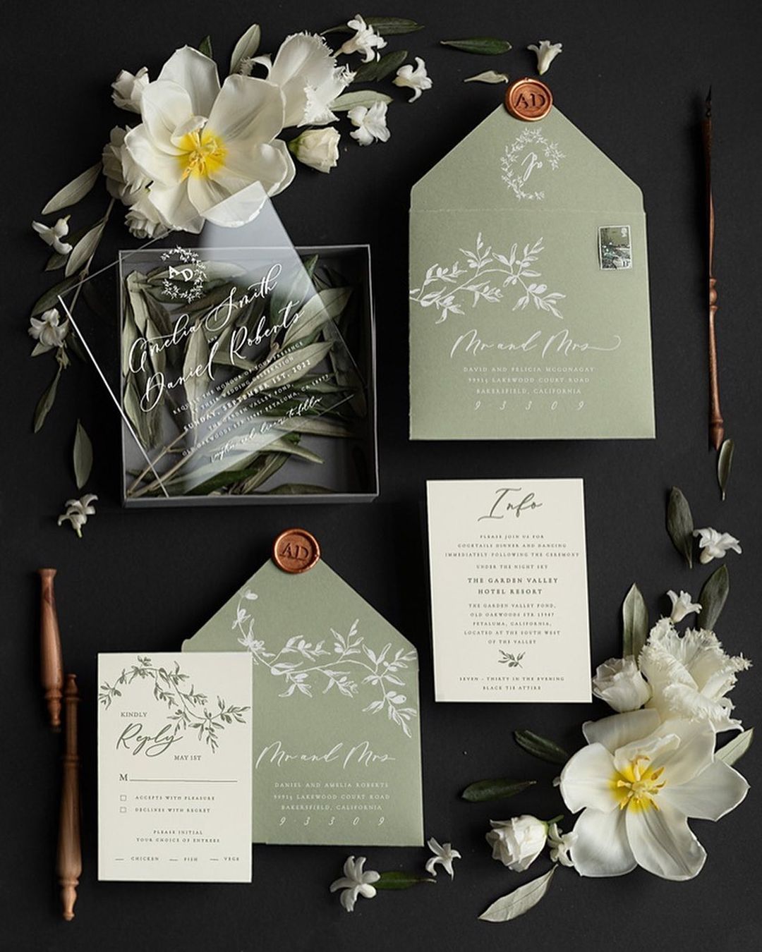 sage rust wedding invitations with white