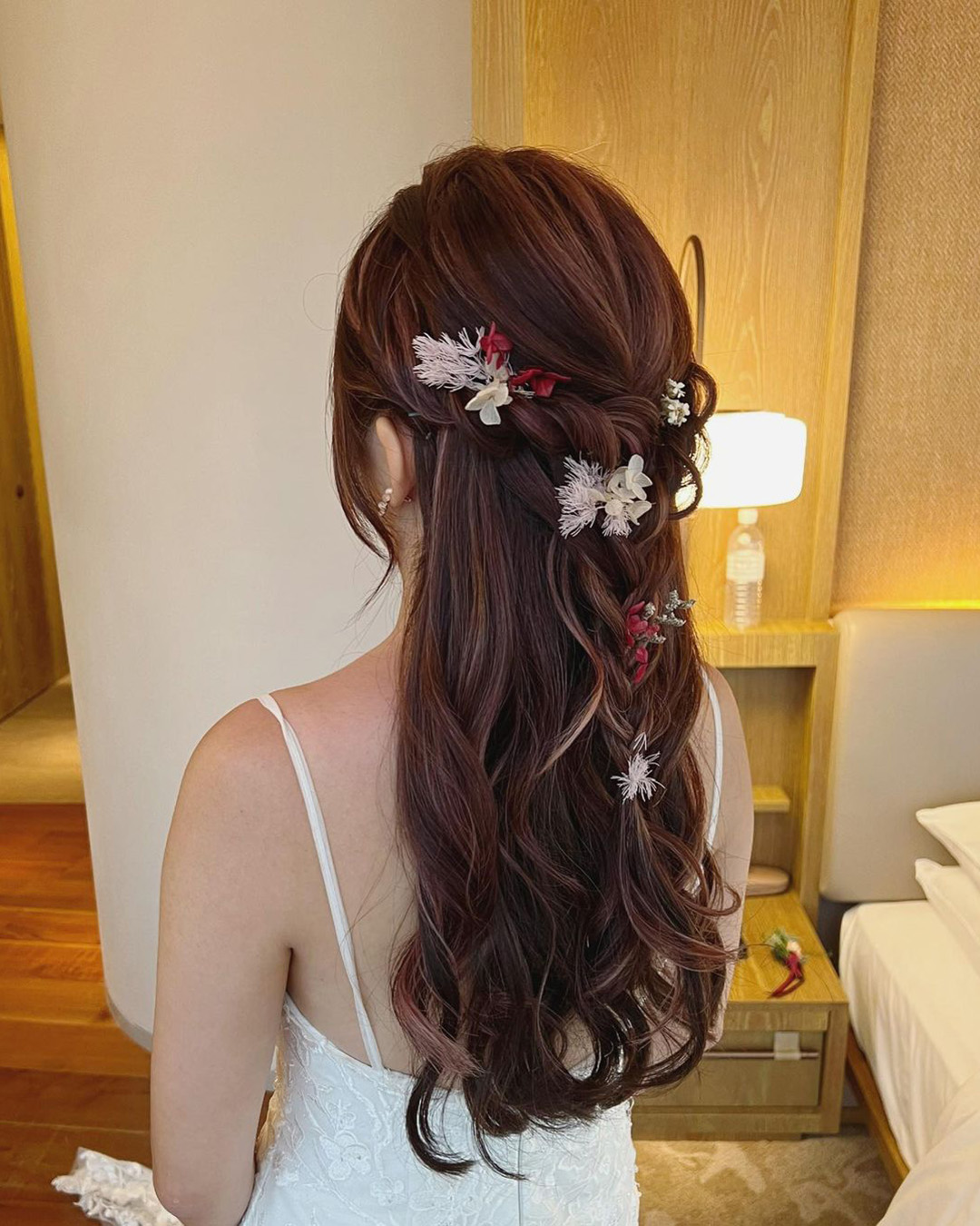 asian wedding hairstyles swept half up with braids christinechiamakeup