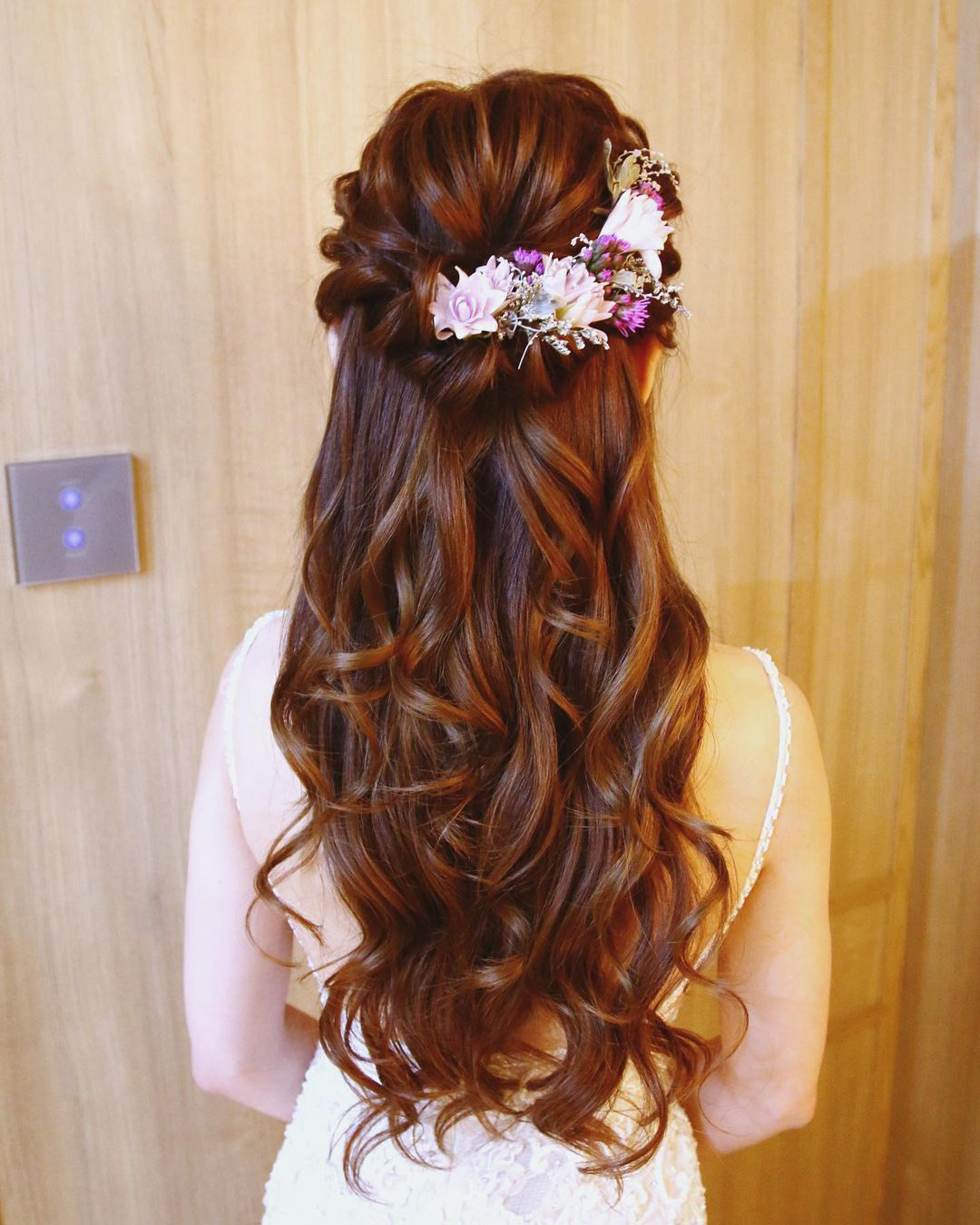 asian wedding hairstyles wavy half up with flowers christinechiamakeup